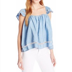 Lovers + Friends Blue Chambray Denim Life’s A Beach Off The Shoulder Top